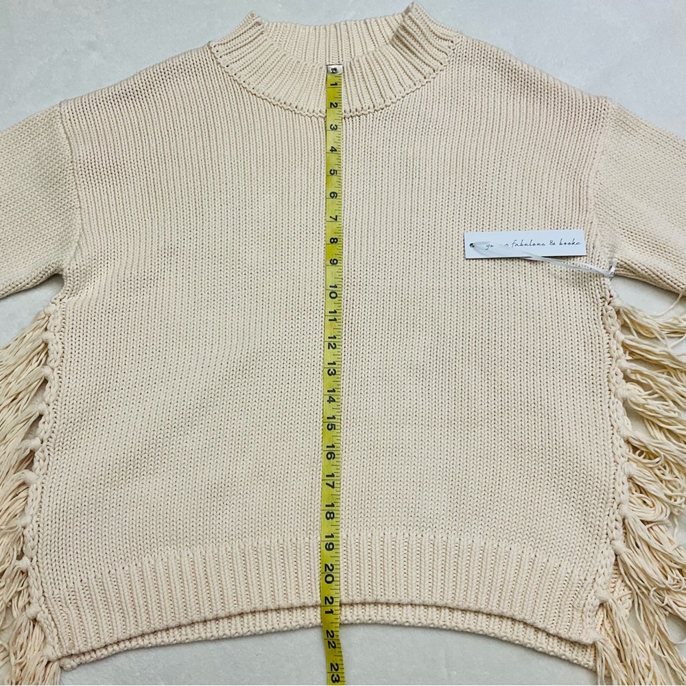 NWT YFB Thick Chunky Knit Ivory Sweater with Side Tassels & Slit 100% Cotton - Picture 10 of 16